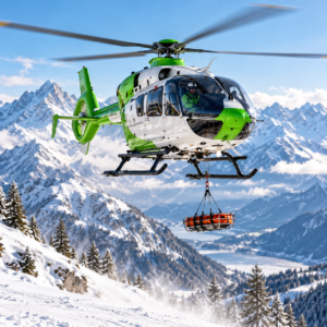 Helicóptero de rescate sobre una montaña nevada
